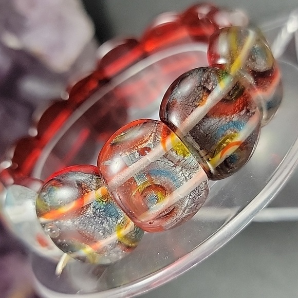 Hand Crafted Jewelry - 20x14.7mm Handmade Glass Abstract Milliefiori Lampwork Foil Beaded Bracelet
